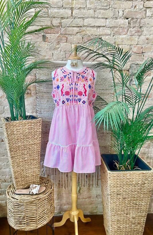 Happily Ever After Pink Striped Embroidered Dress