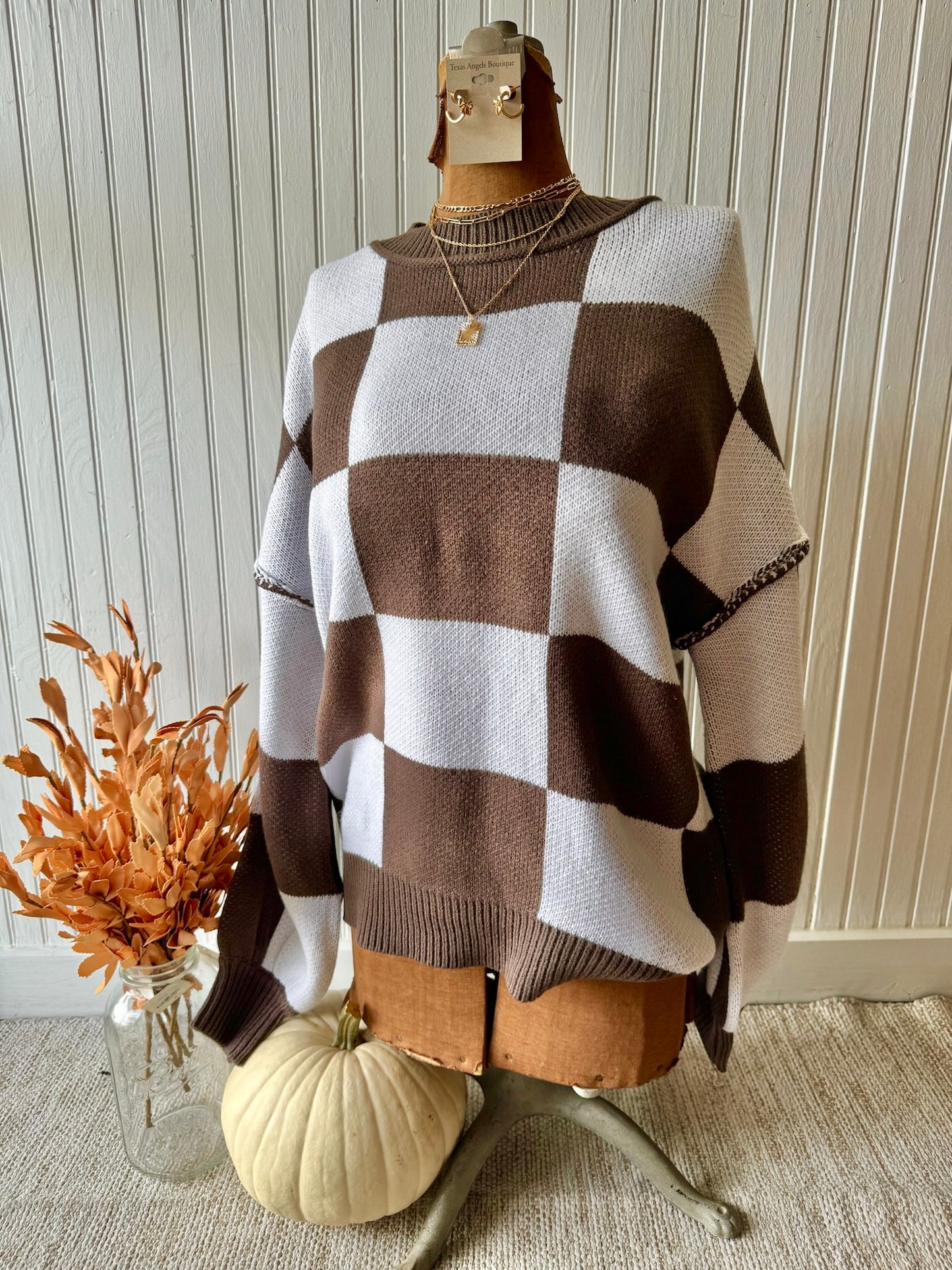 Casual Cutie Brown Checkered Sweater