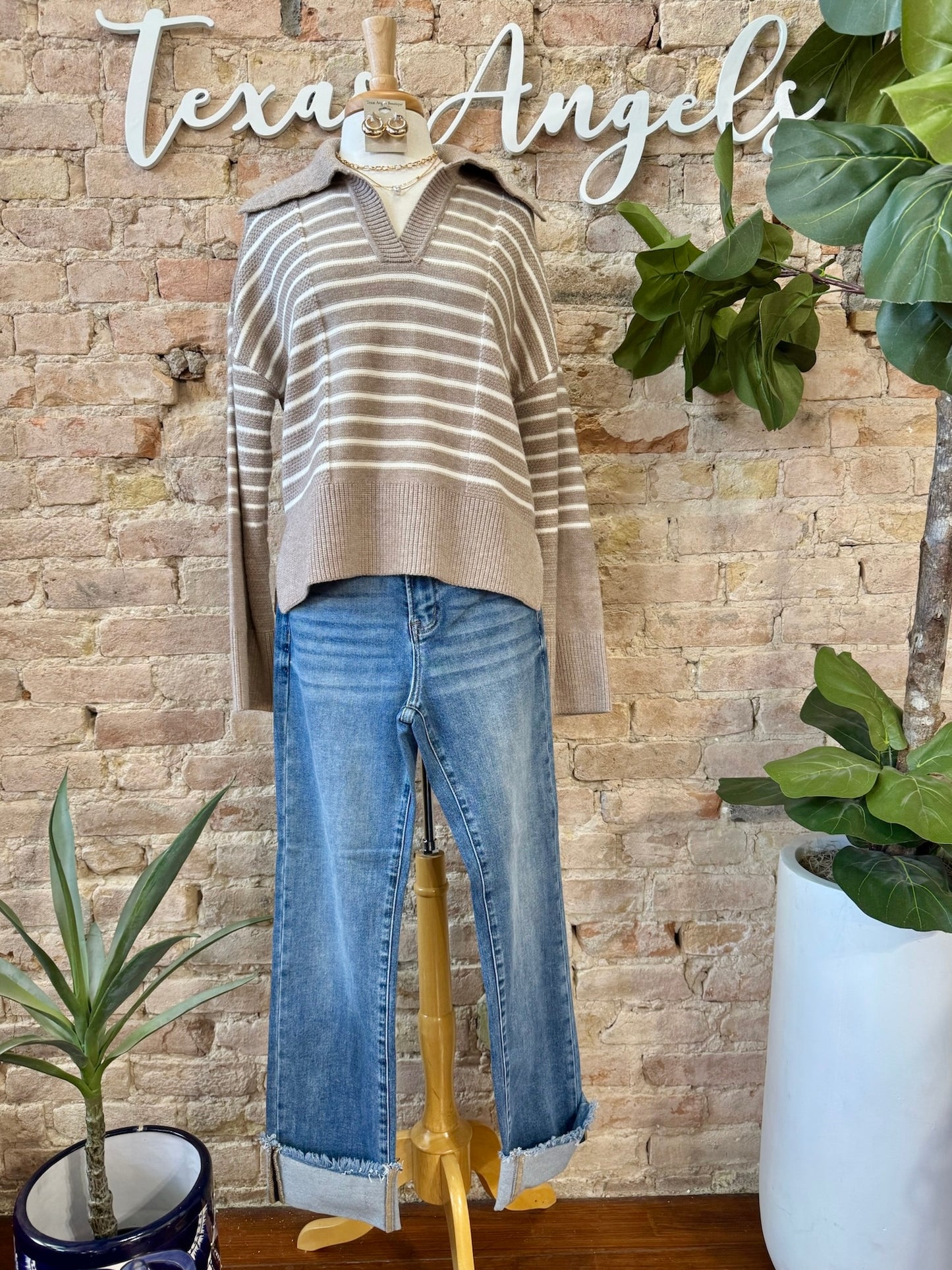 Life’s Too Short Taupe Striped Collared Sweater