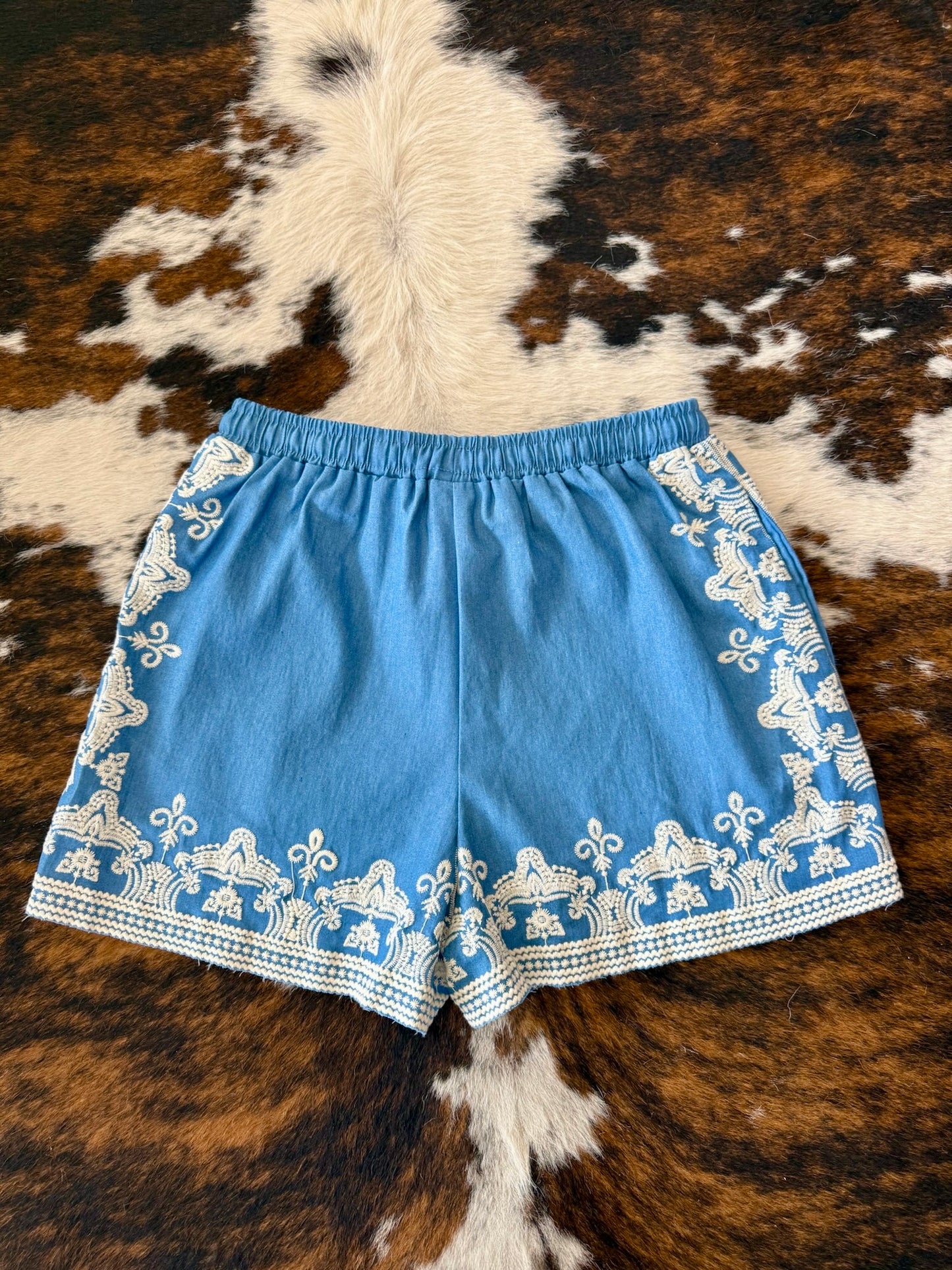 Coastin’ Dark Chambray Embroidered Shorts