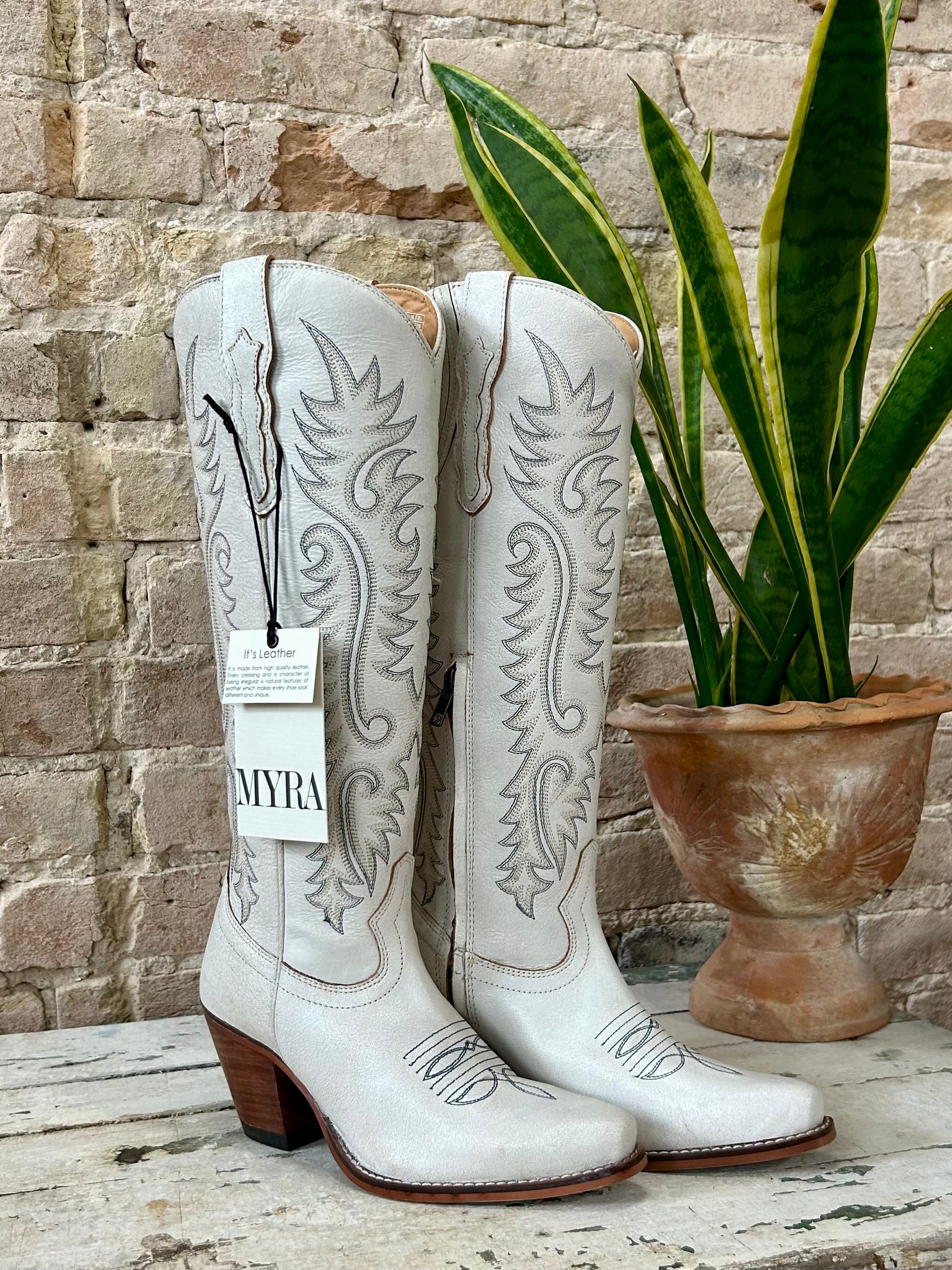 RESTOCK MYRA Ivory Embroidered Leather Boots - Main Image