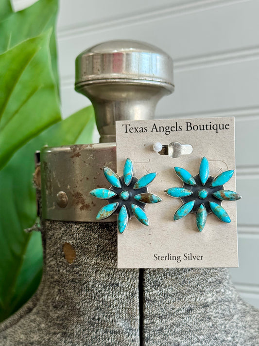 Sterling Silver Kingman Turquoise Flower Earrings