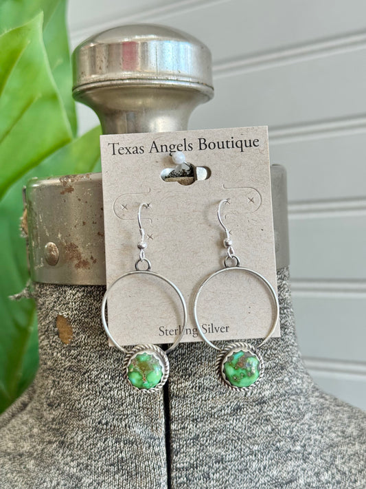 Navajo Handmade Sterling Silver Sonoran Gold Turquoise Hoop Dangle Earrings