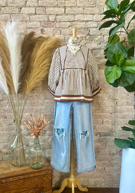 Falling Into Place Brown Striped Blouse