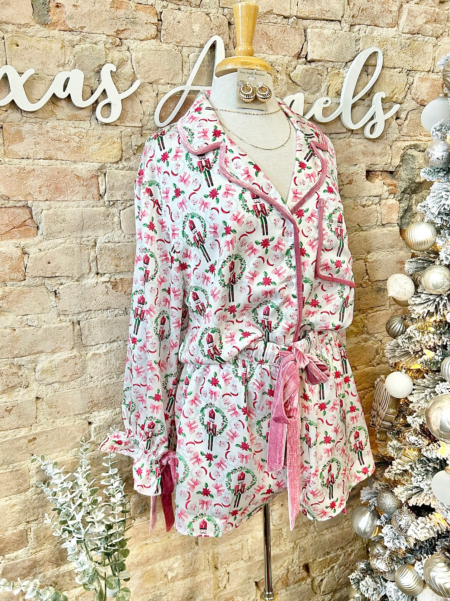 Dreaming Of A Pink Christmas Nutcracker Satin Christmas PJ Set