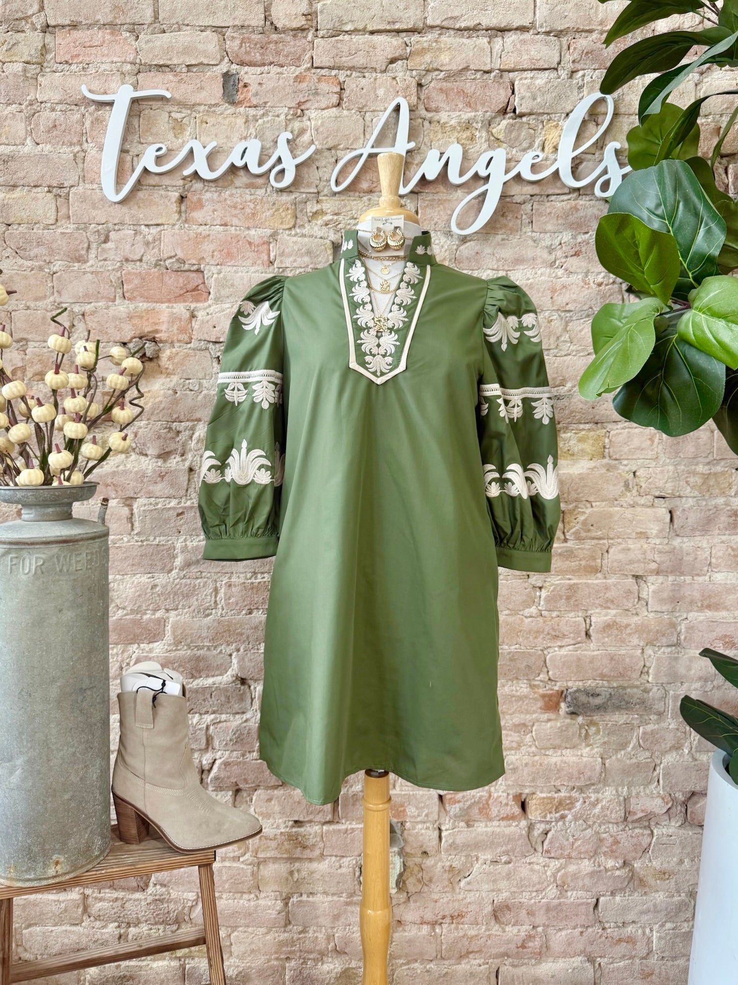 Only If You Promise Me Olive Embroidered Dress