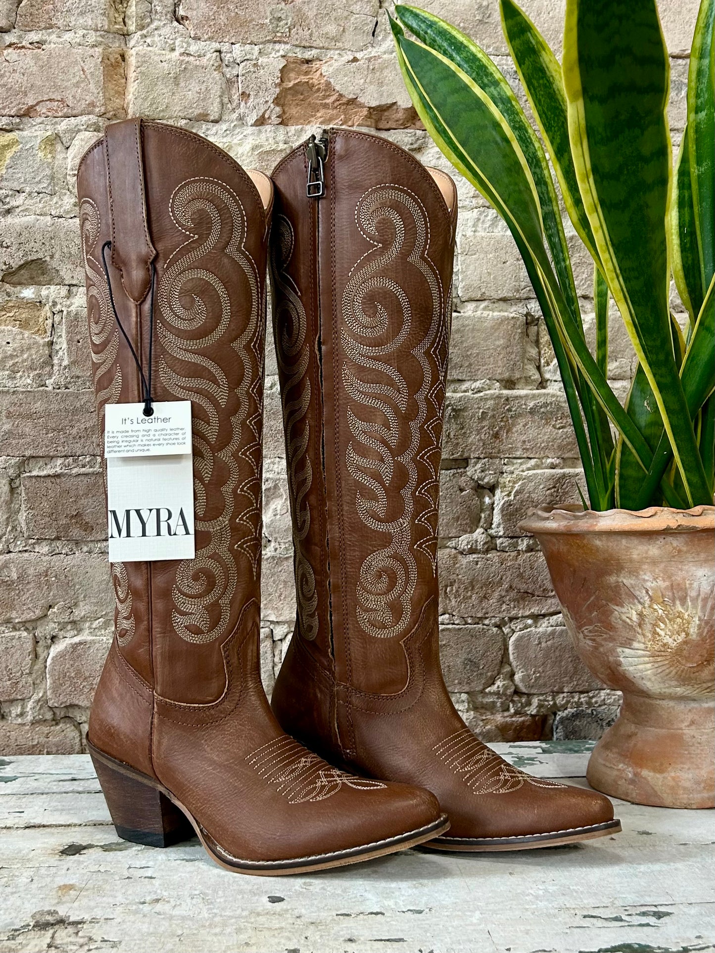 MYRA Brown Embroidered Leather Boots