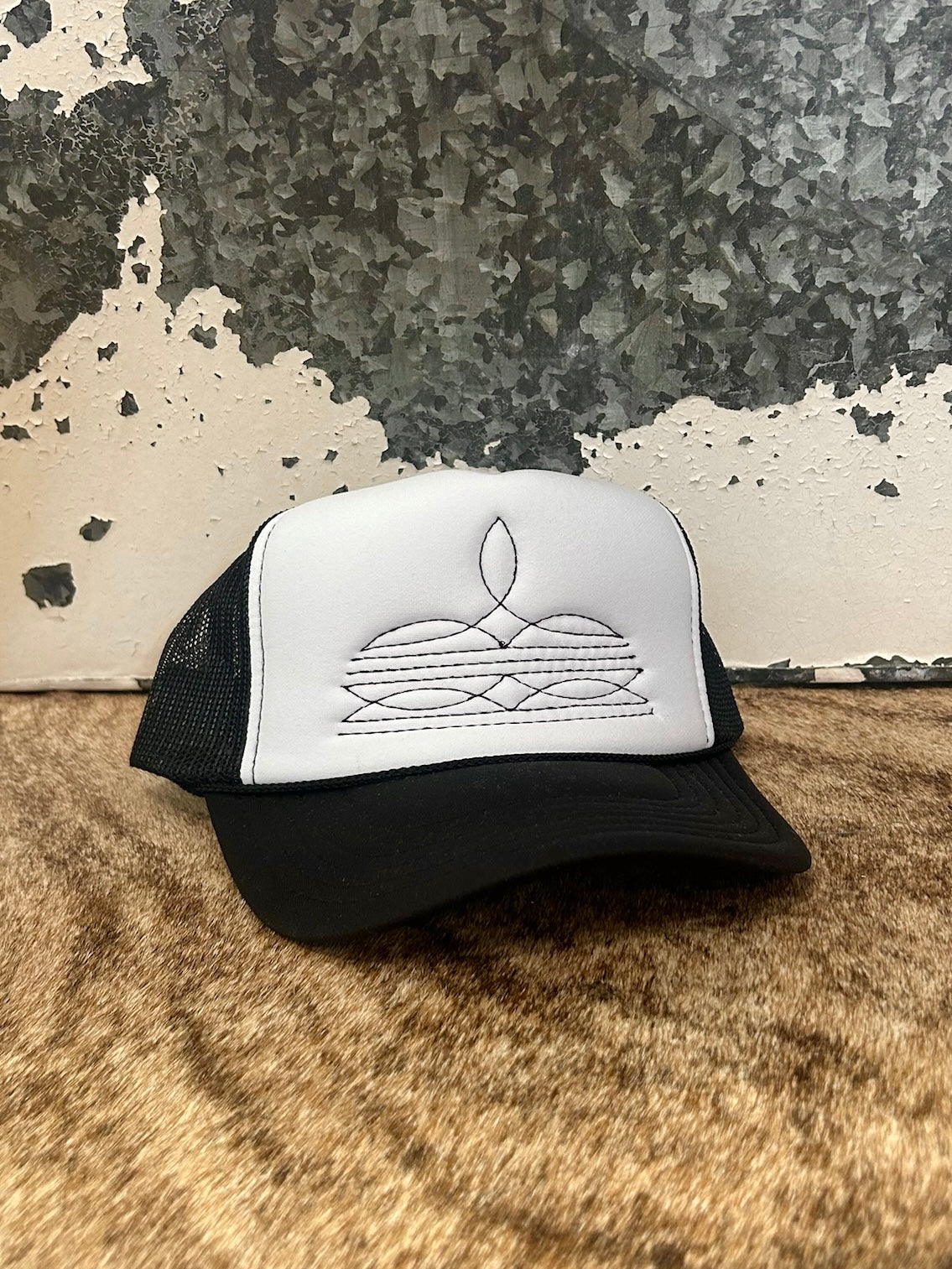 Black/White Boot Stitch Trucker Cap