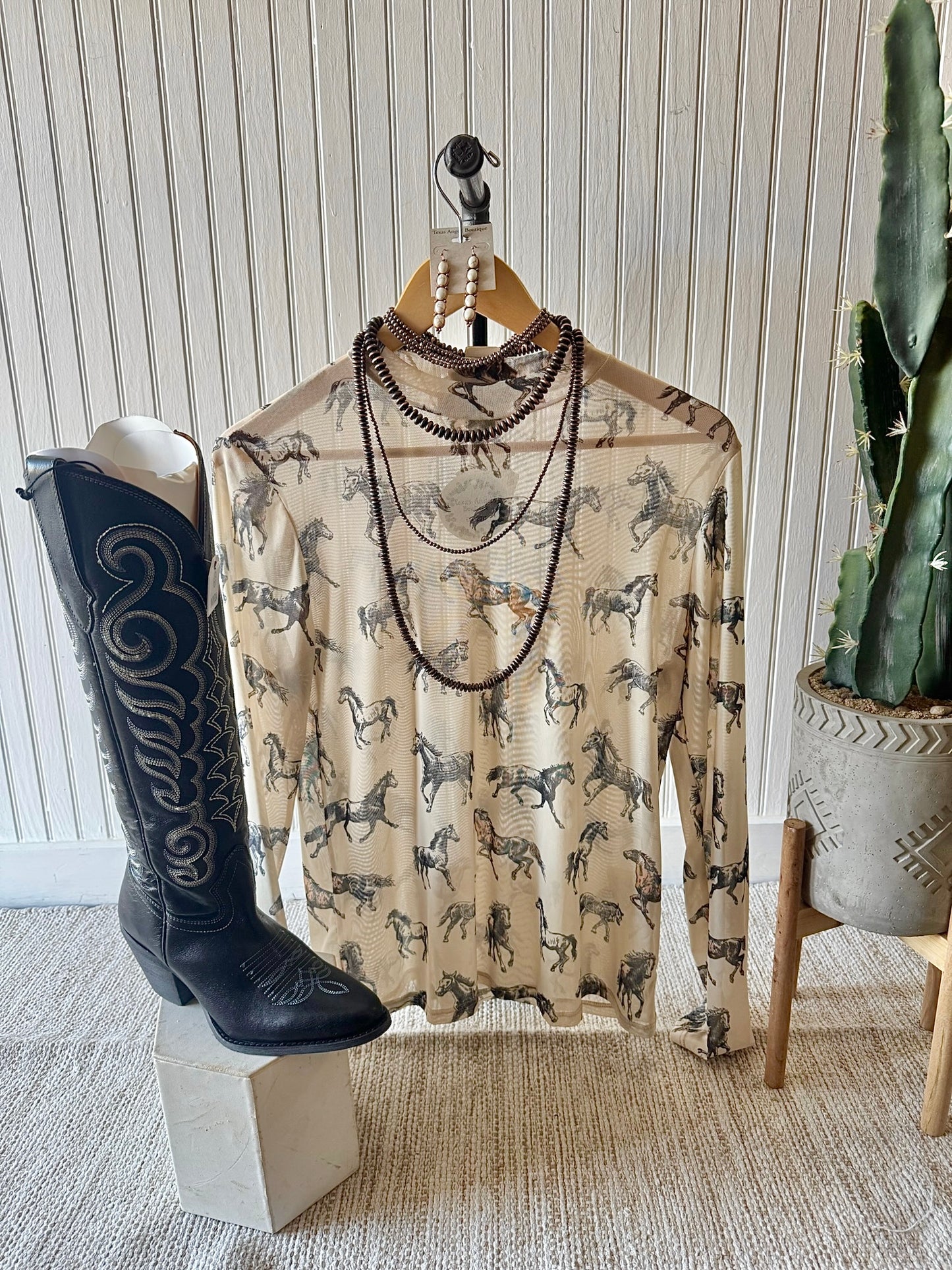 Hang In There Cowboy Horse Mesh Top