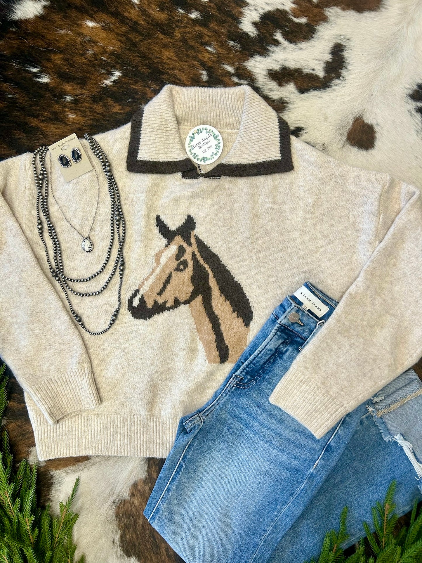 Home For The Holidays Ivory Horse Sweater