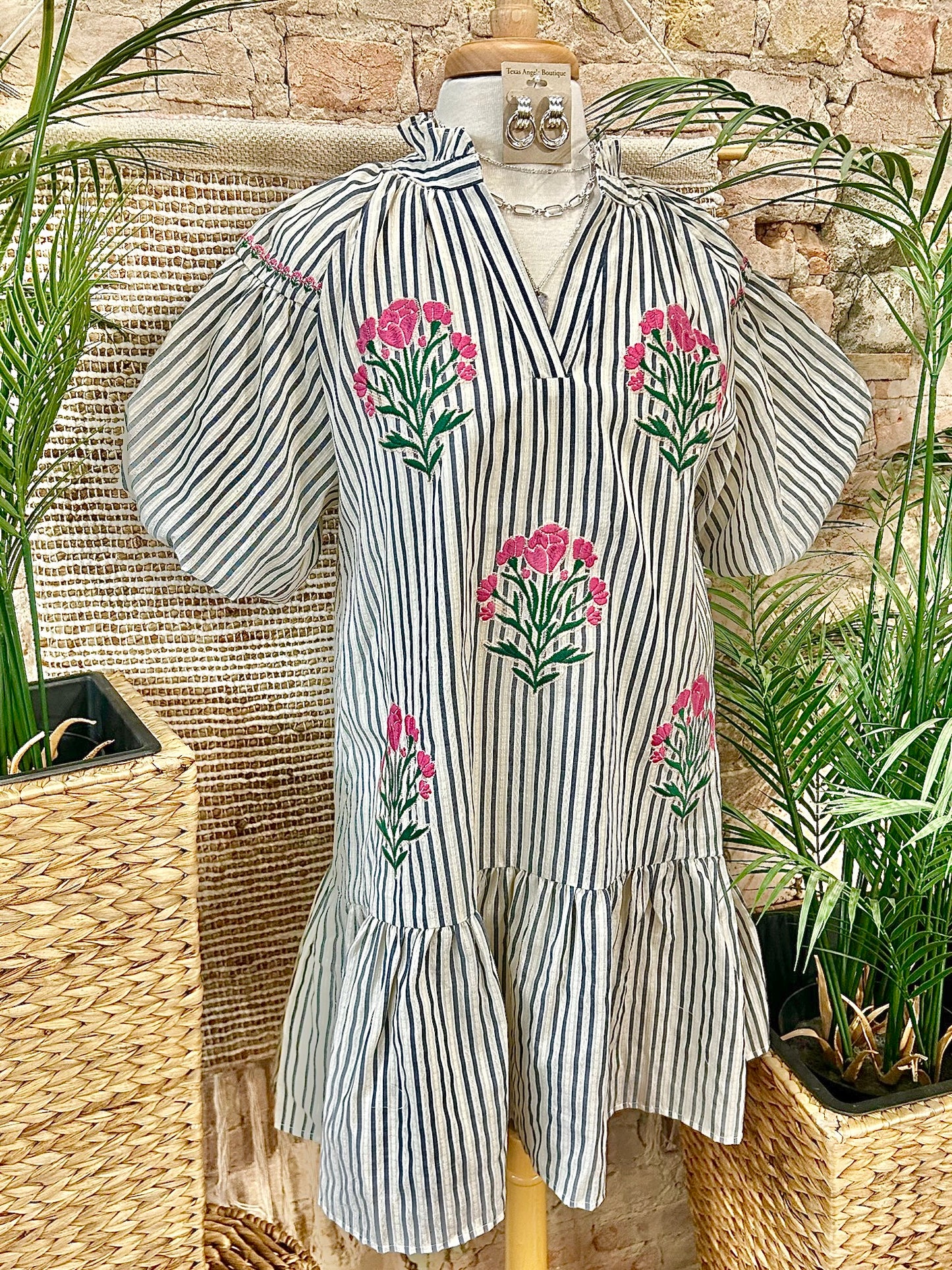 Watching The Seagulls Striped Embroidered Dress