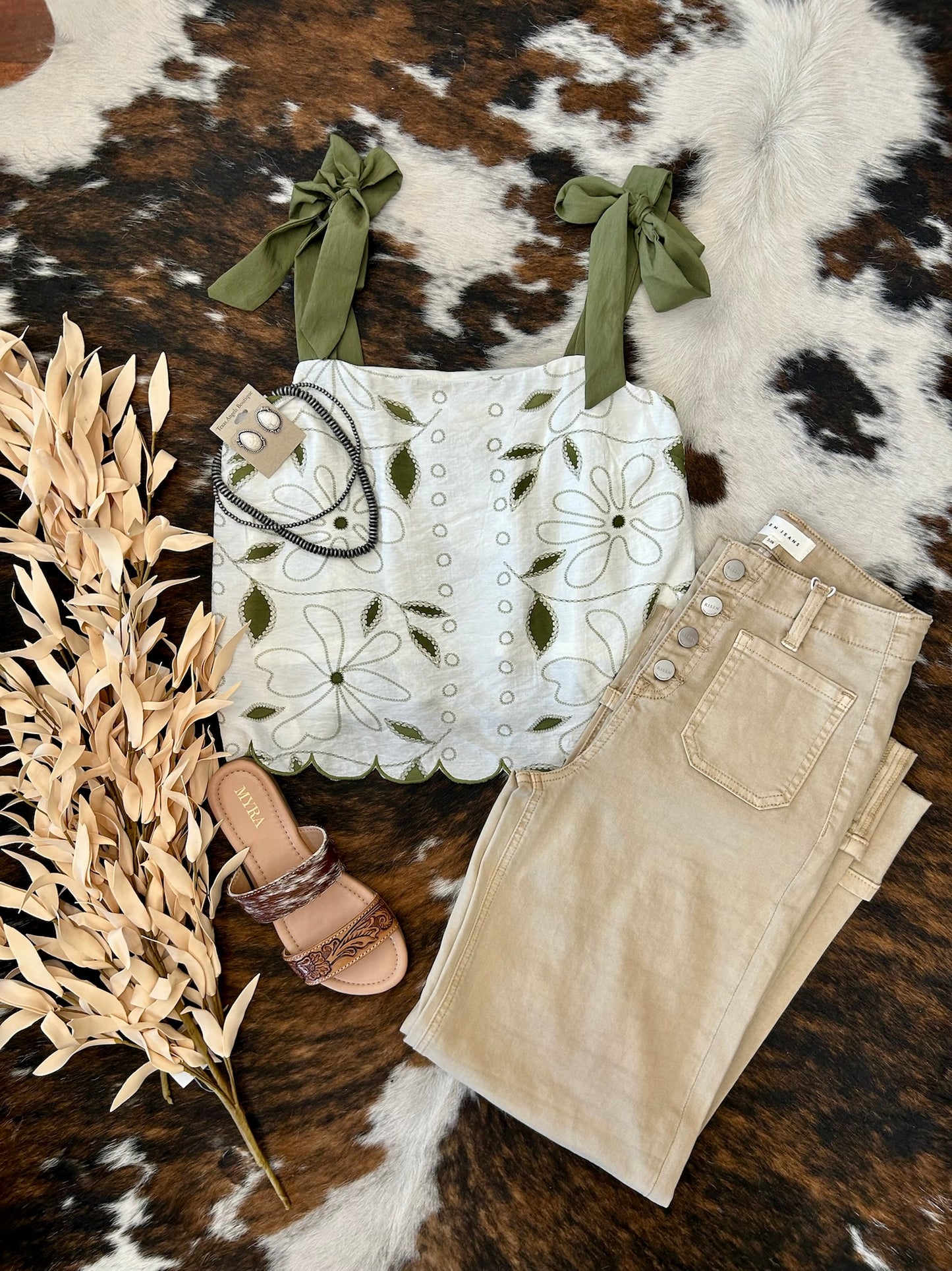 Every Story Is Worth Telling Embroidered Olive Scalloped Tank