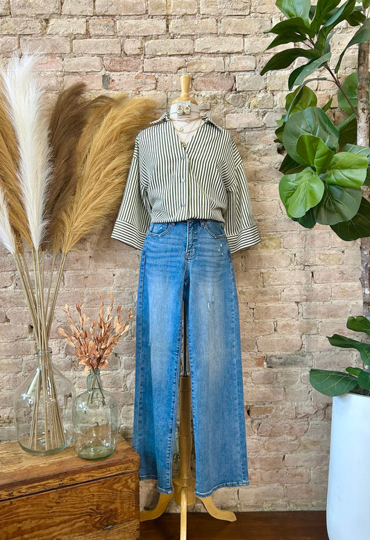 Bonfires & S'Mores Season Olive Striped Blouse