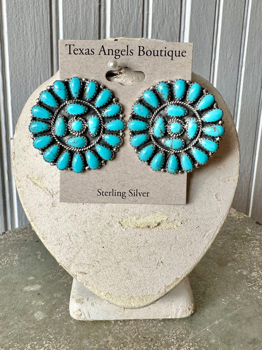 Sterling Silver & Genuine Turquoise Cluster Earrings