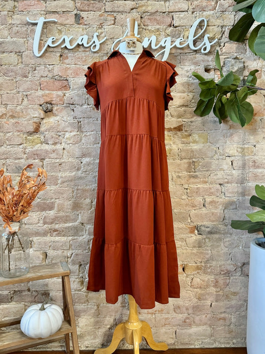 Rarely Ever Rust Ruffle Mid Maxi