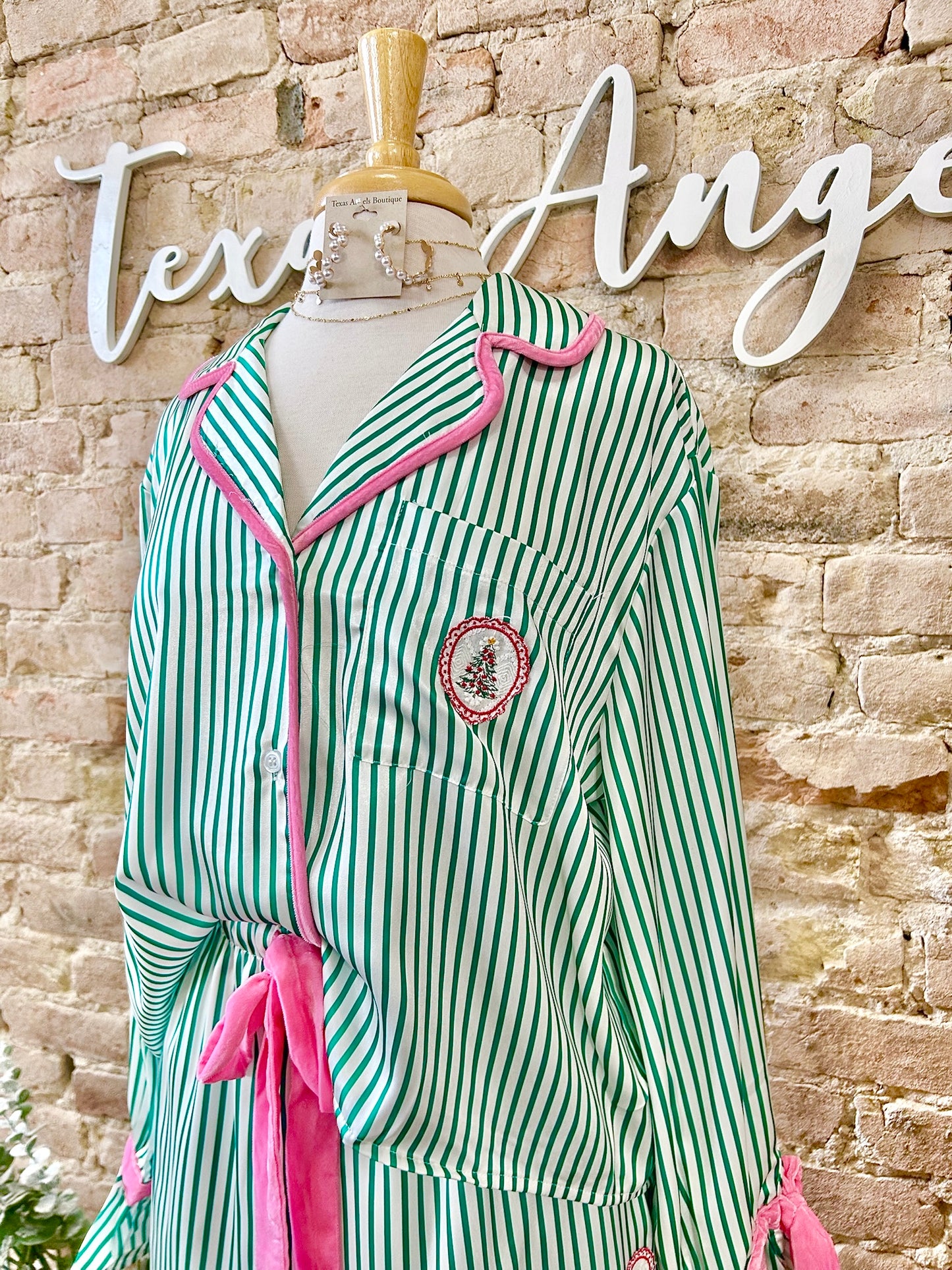 Gift Me Up Green Striped Satin Christmas PJ Set