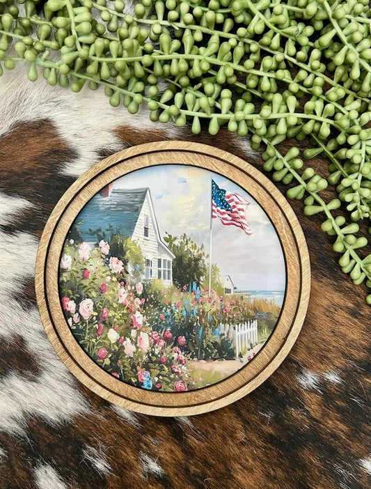 Round Patriotic Beach House Canvas Decor