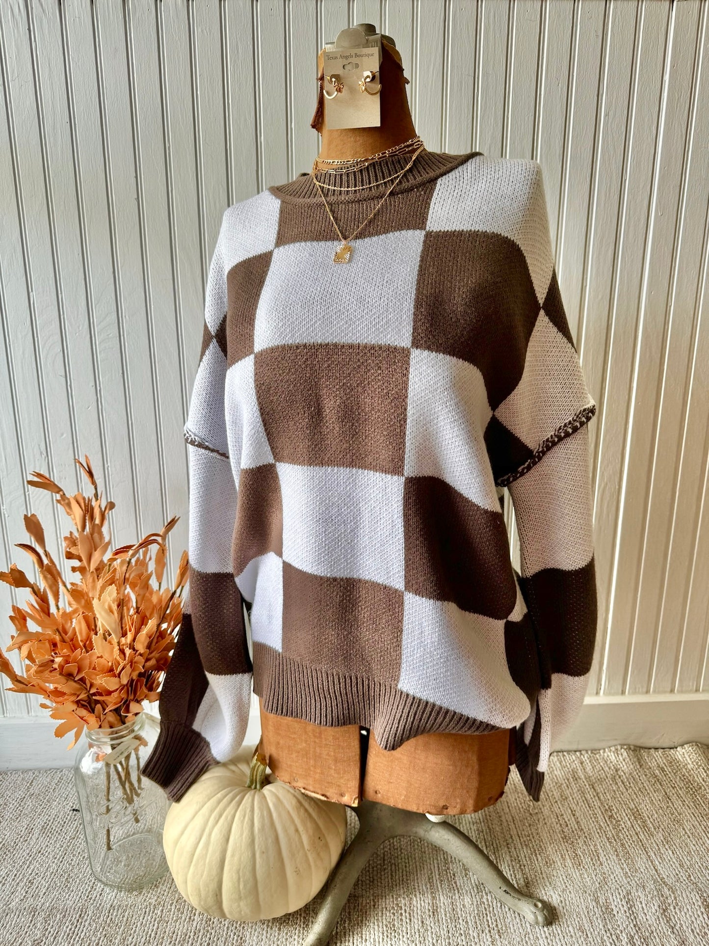 Casual Cutie Brown Checkered Sweater