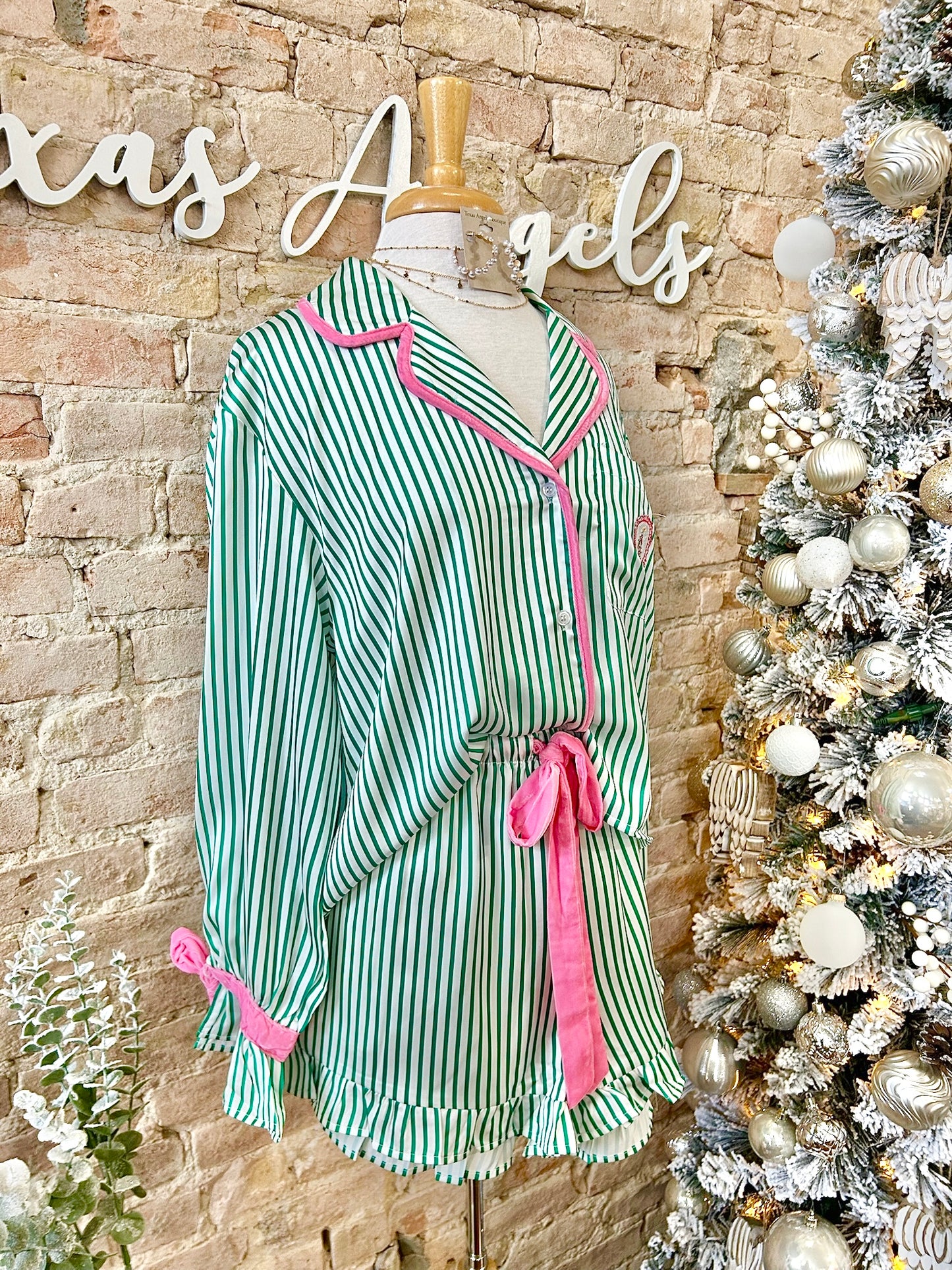 Gift Me Up Green Striped Satin Christmas PJ Set