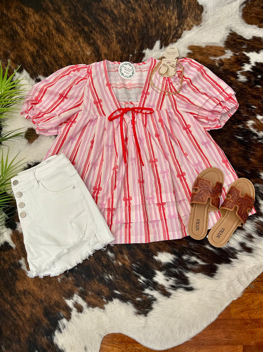 Red, White & Bows Striped Top