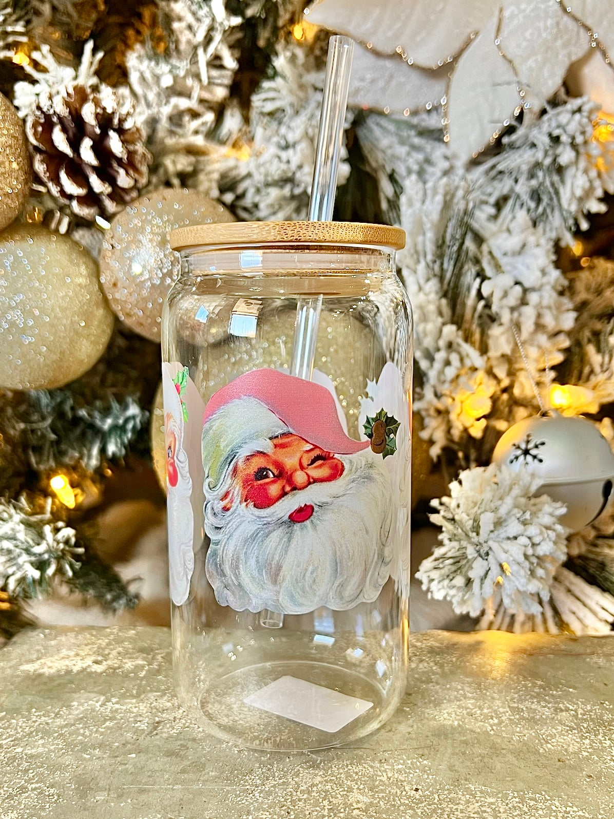 Vintage Pink Santa Glass Cup