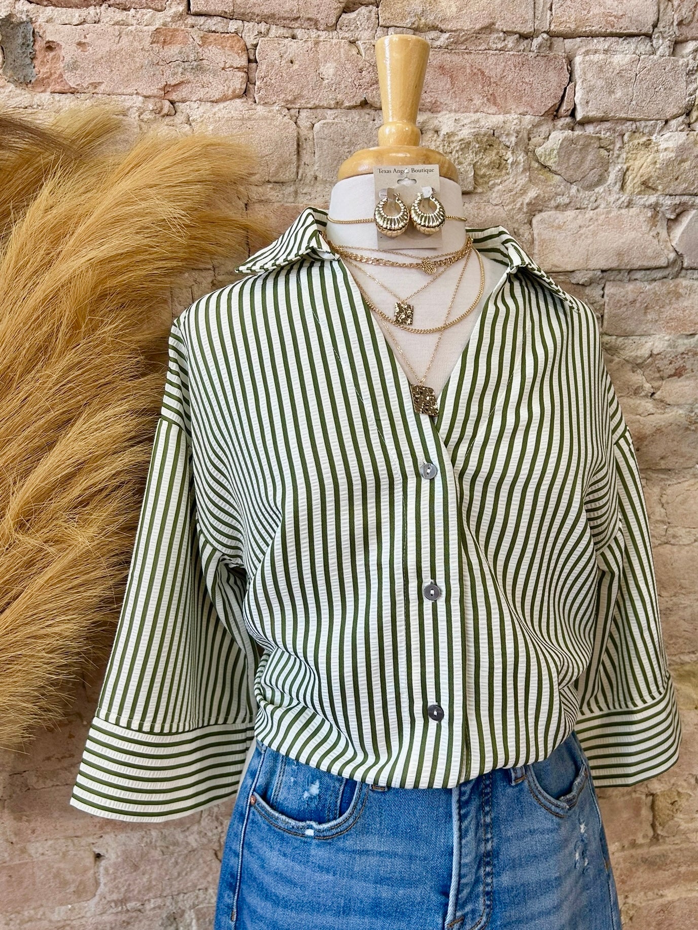 Bonfires & S'Mores Season Olive Striped Blouse