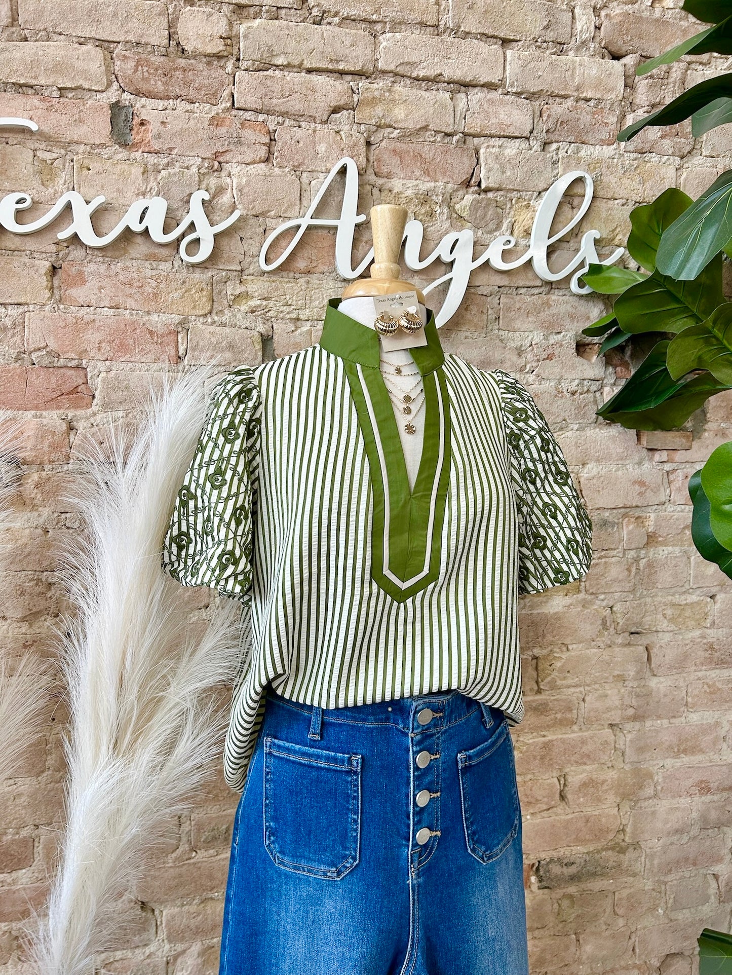 On The Bright Side Olive Striped Embroidered Blouse