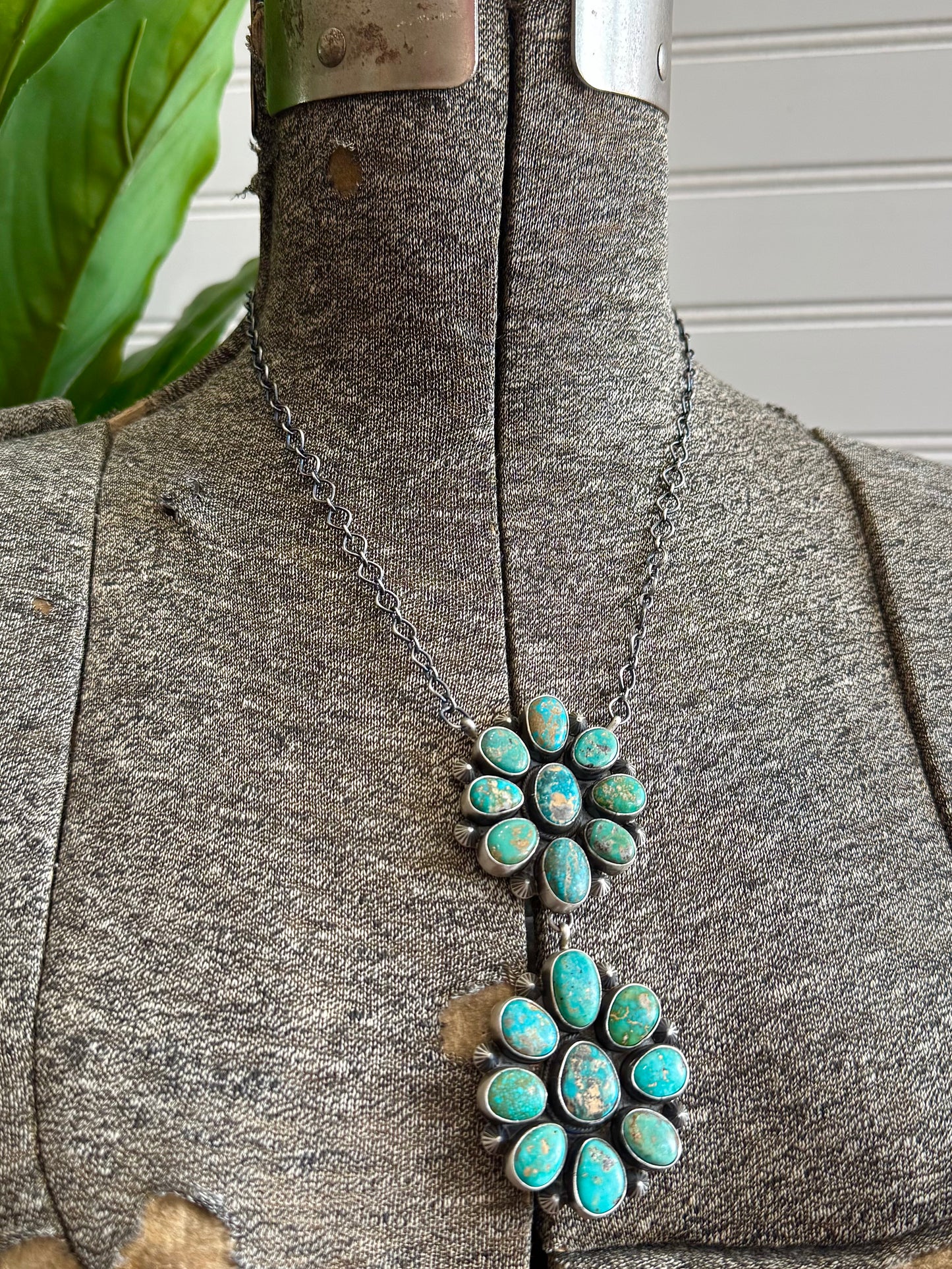 Navajo Handmade Silver Sonoran Gold Turquoise Cluster Necklace
