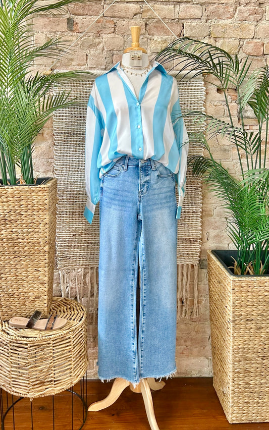 You Are My Sunshine Light Blue Striped Satin Blouse