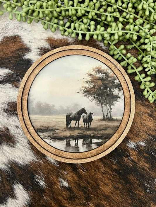 Round Pasture Horses Canvas Decor