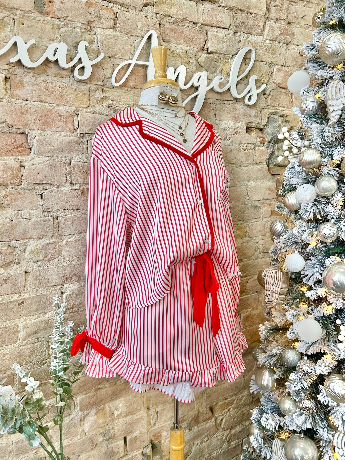 Ready For Santa Red Striped Satin Christmas PJ Set