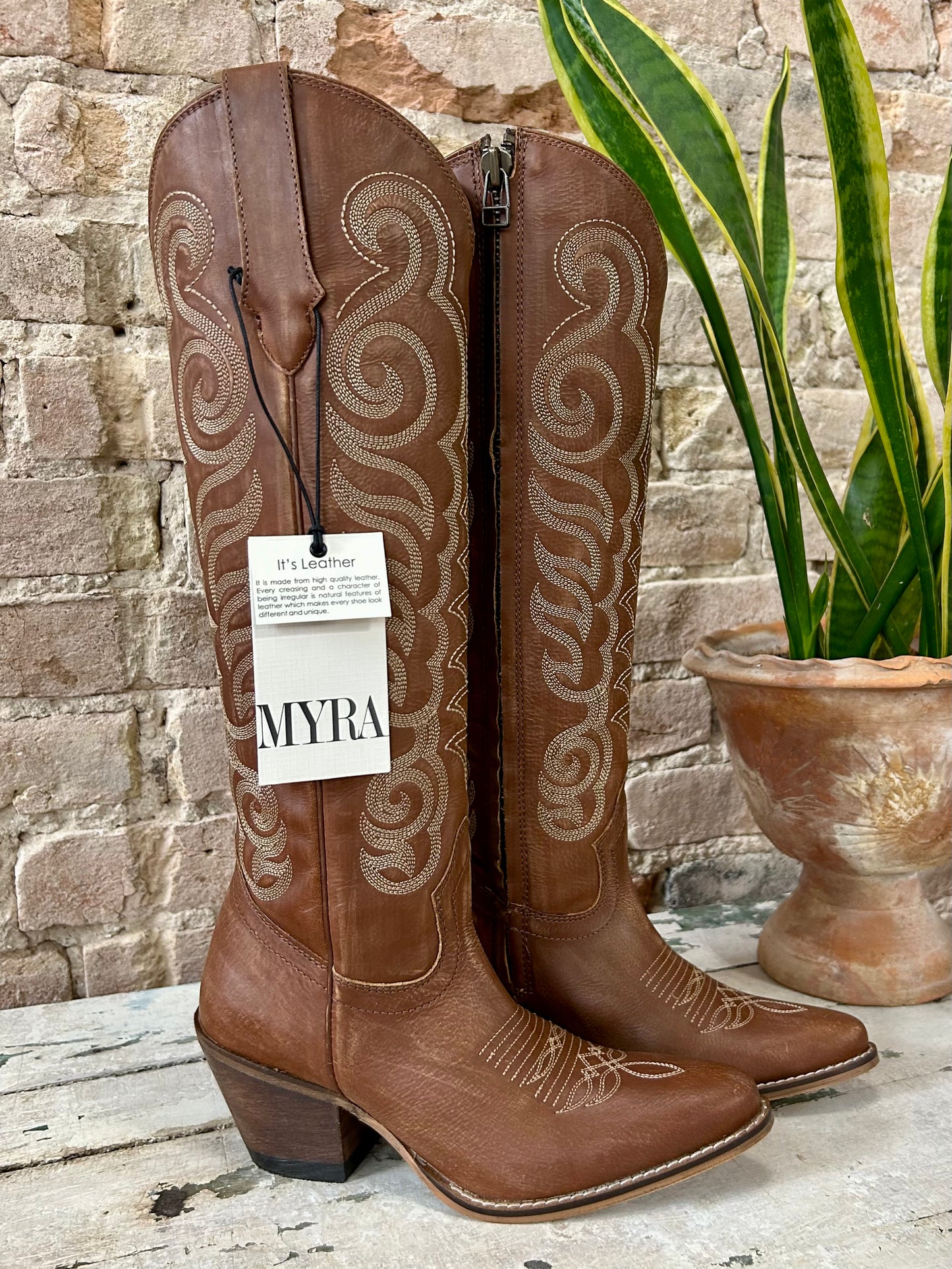 MYRA Brown Embroidered Leather Boots