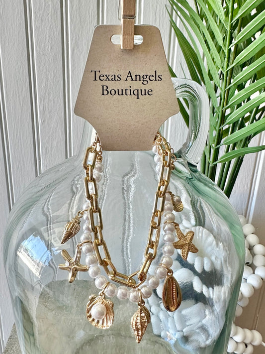 Gold Sea Life Pearl Charm Bracelet