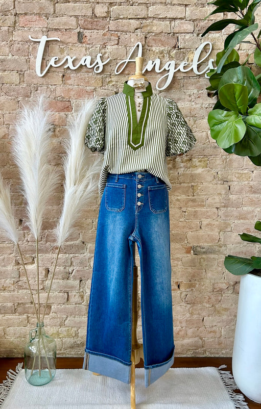 On The Bright Side Olive Striped Embroidered Blouse