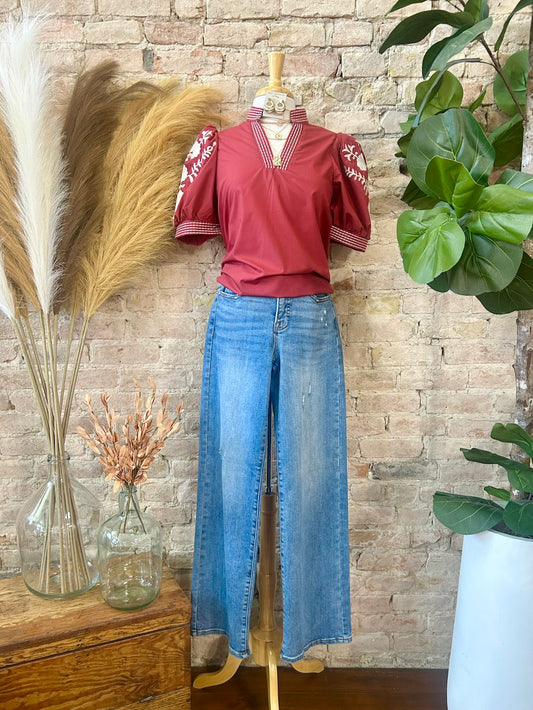 Fine The Beauty Burgundy Embroidered Blouse