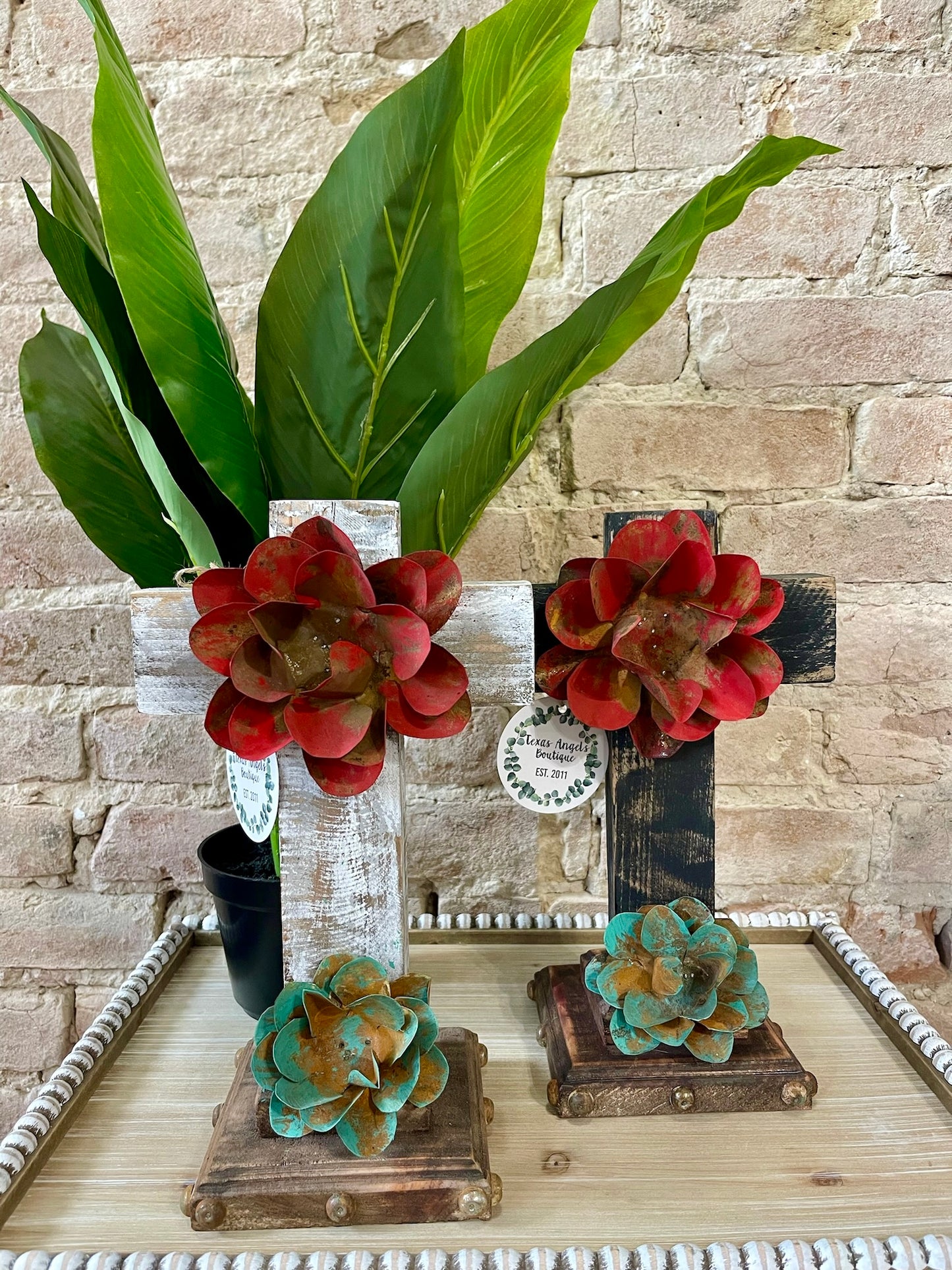 White Cross With Metal Roses