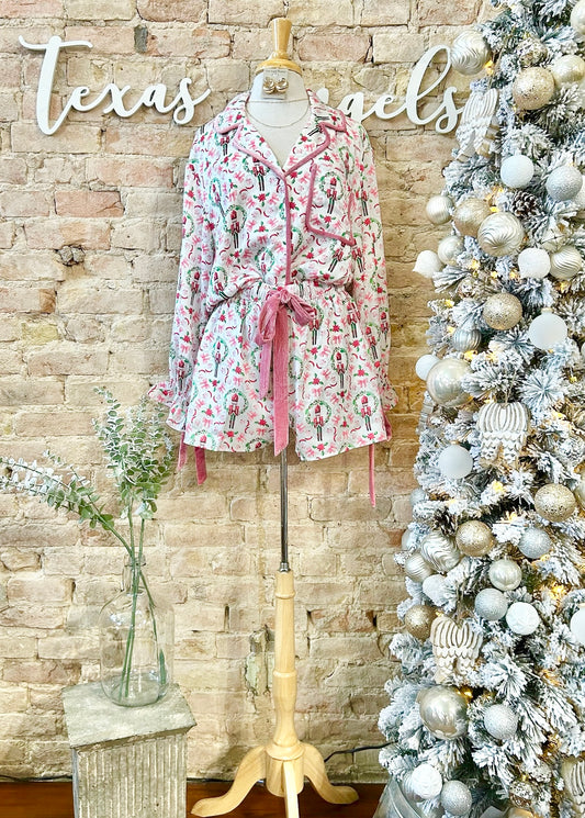 Dreaming Of A Pink Christmas Nutcracker Satin Christmas PJ Set