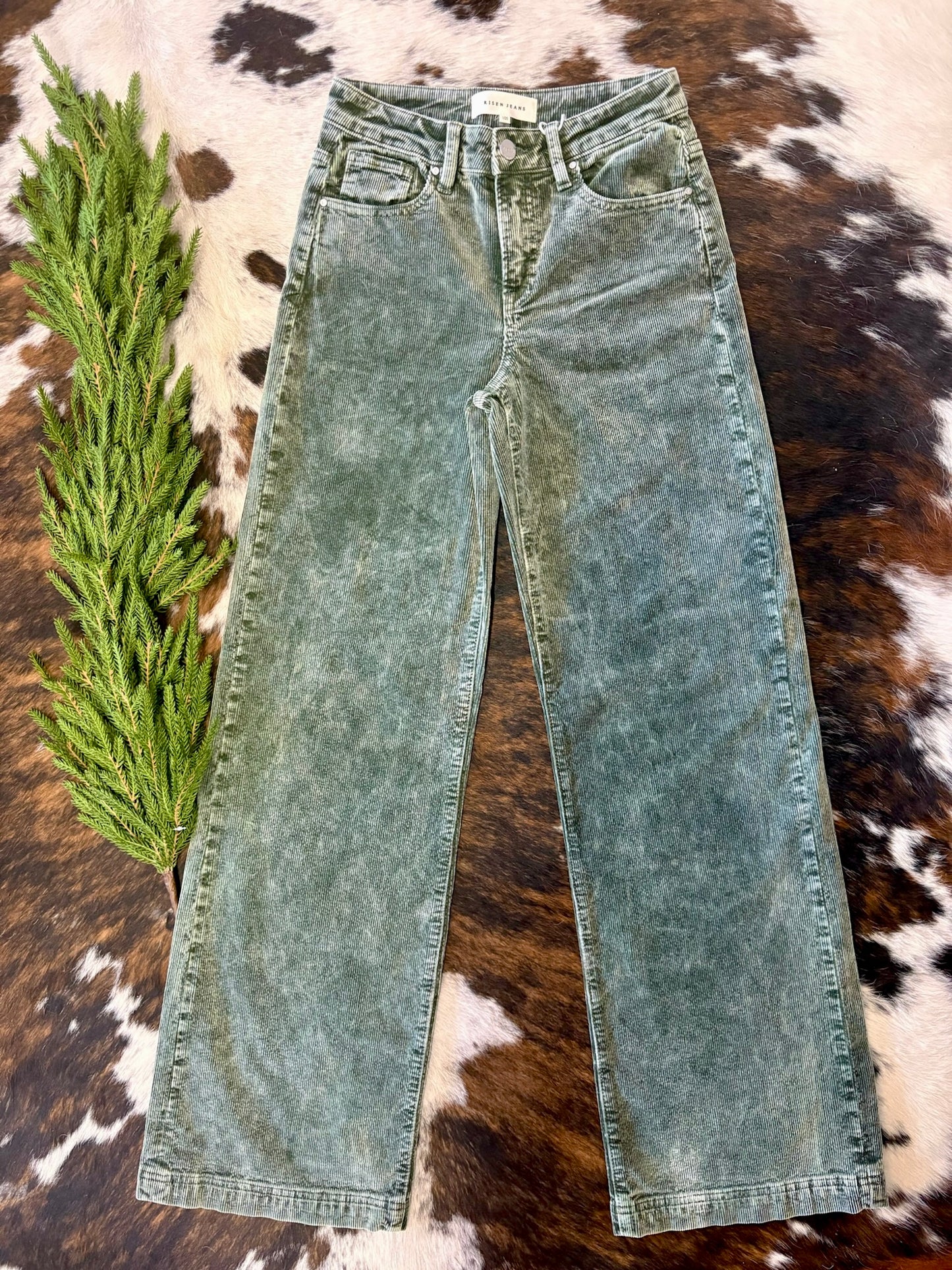Country Christmas Forest Green Wide Leg Corduroy Risen Jeans