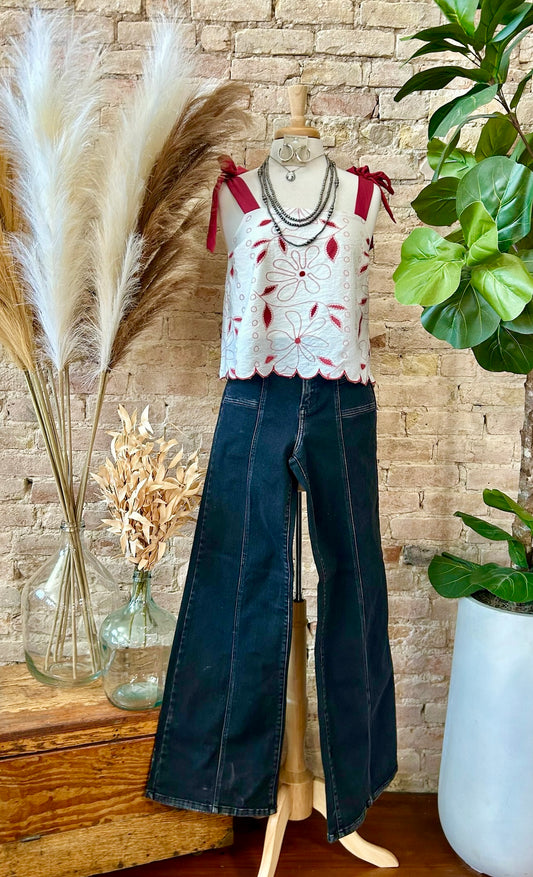 Every Story Is Worth Telling Embroidered Burgundy Scalloped Tank