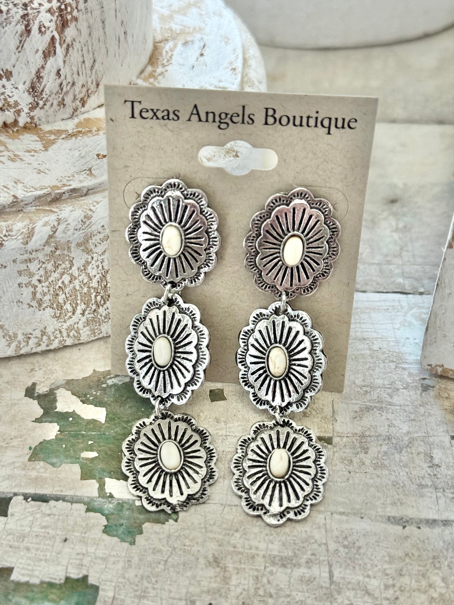 White Dangle Concho Earrings