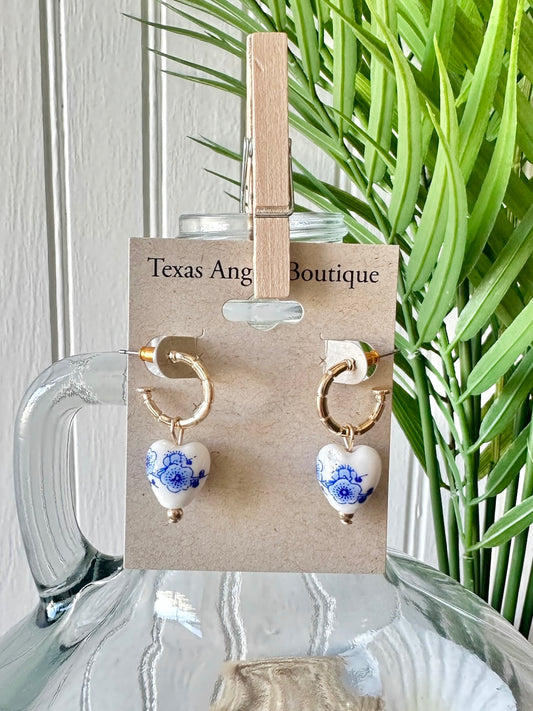 Blue Willow Heart Earrings