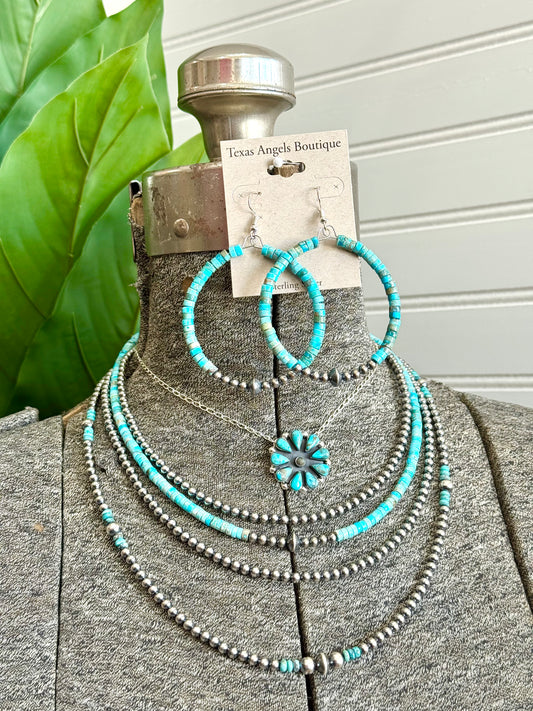 Sterling Silver Navajo Pearls & Kingman Turquoise Necklace