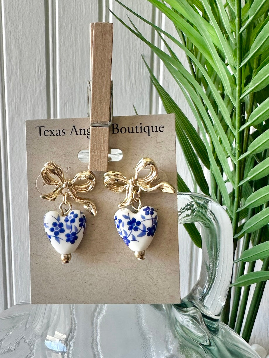 Blue Willow Gold Bow Heart Earrings