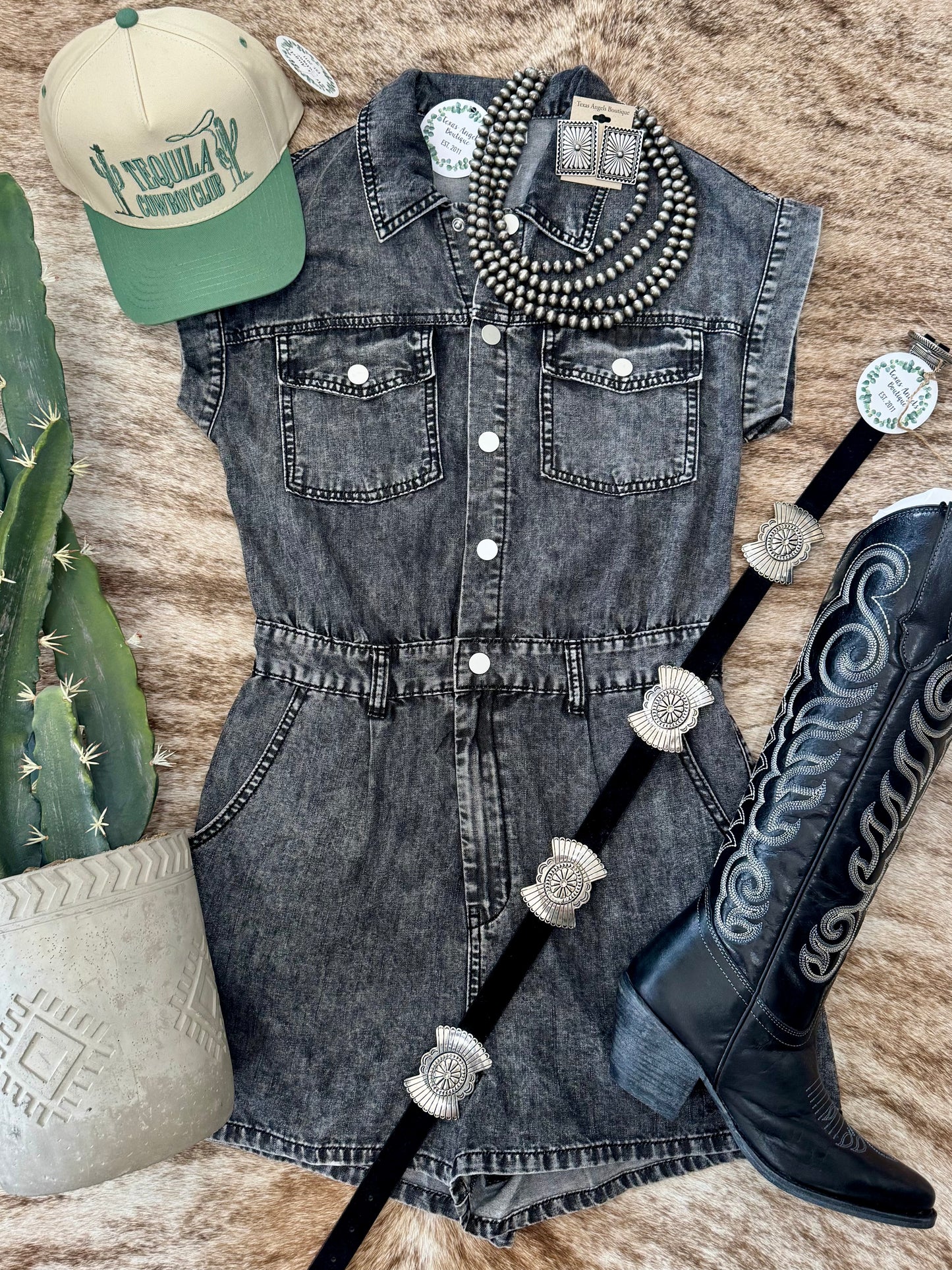 Meet Me At The Wine Tent Black Acid Wash Denim Romper