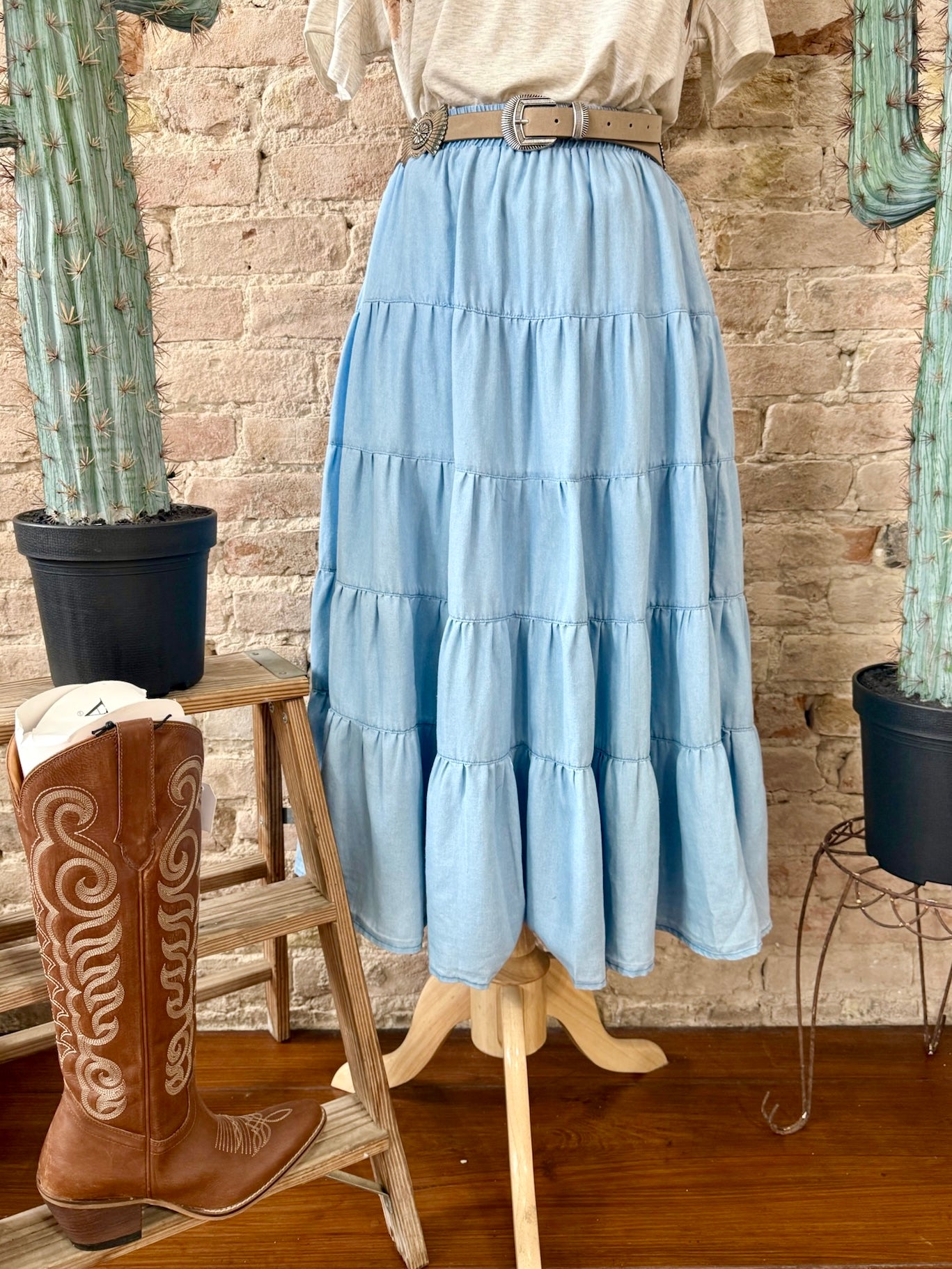 Right On Cowboy Ruffled Denim Mid Maxi