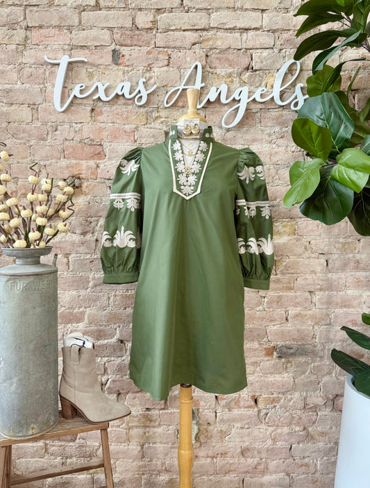 Only If You Promise Me Olive Embroidered Dress