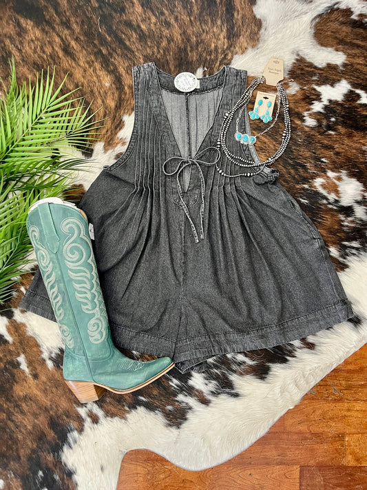 RESTOCK I Remember Everything Grey Denim Romper
