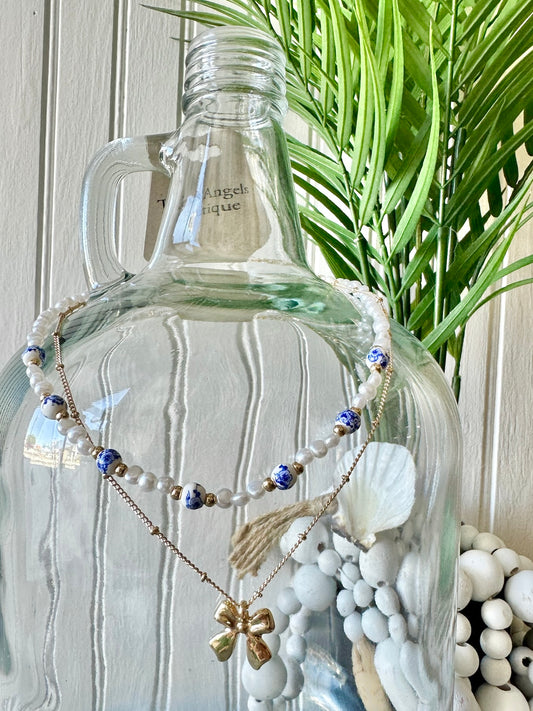 Blue Willow Gold Bow Pearl Necklace