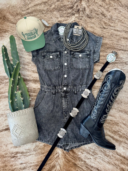Meet Me At The Wine Tent Black Acid Wash Denim Romper