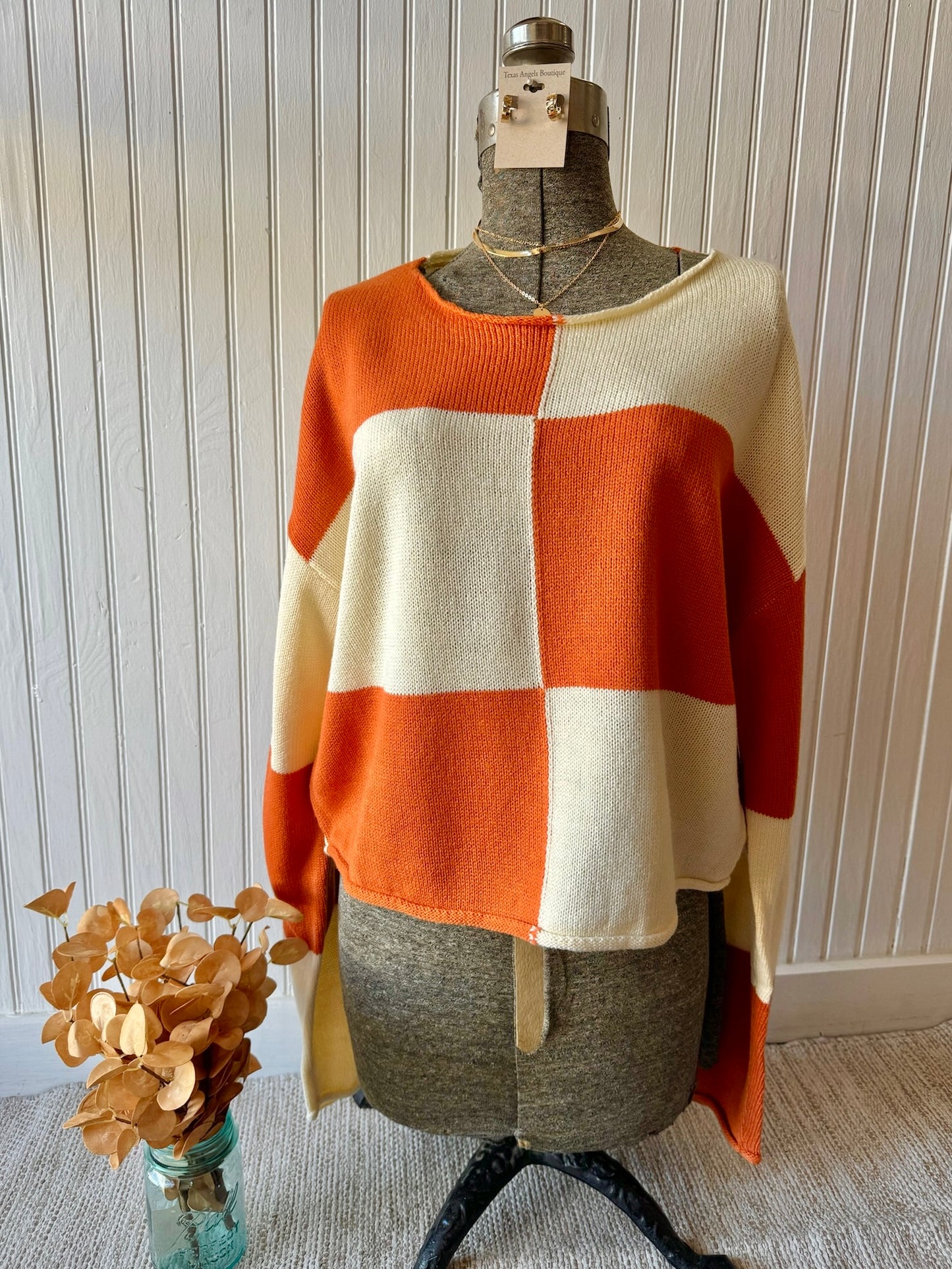 Check This Out Rust Checkered Sweater